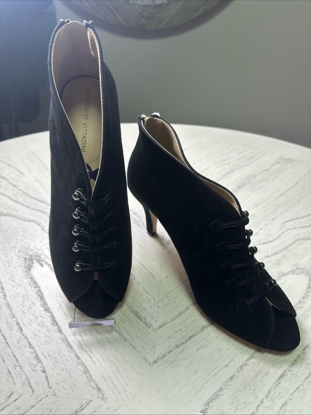 Adrienne Vittadini Black Suede Peep-Toe Booties Size 8.5